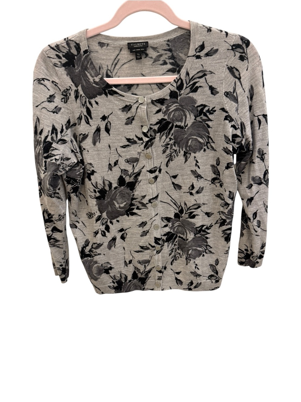 EUC Talbots Gray Pure Merino Wool Floral Button Cardigan X-Large Petite